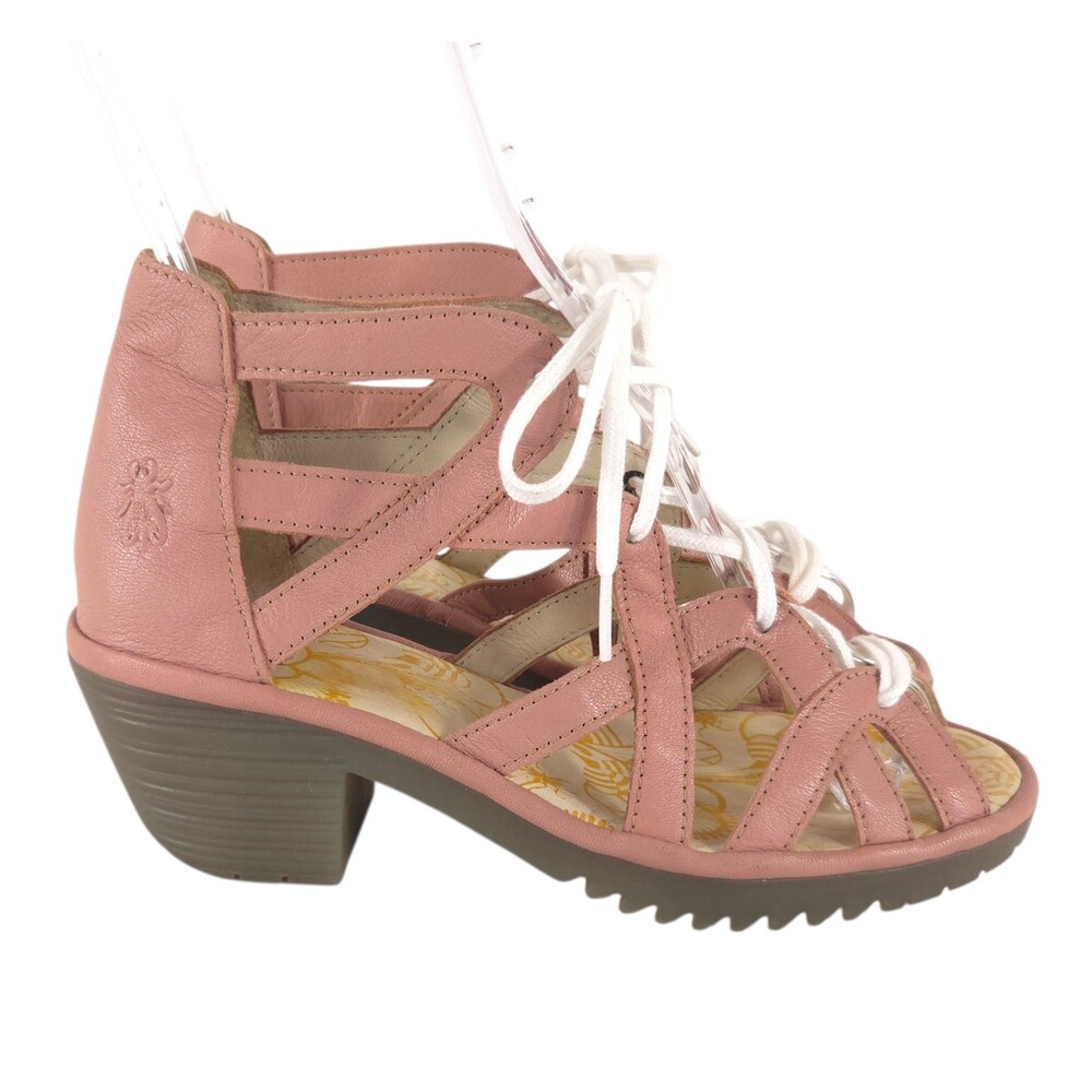 Fly London Rose Pink Lace-Up Cutout Block Heel Sandals